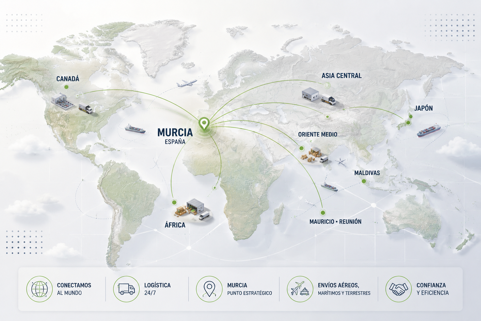 Mapa de rutas de exportación de frutas y verduras de Guiver Fruits desde España hacia África, Asia Central, Oriente Medio, Canadá e islas remotas