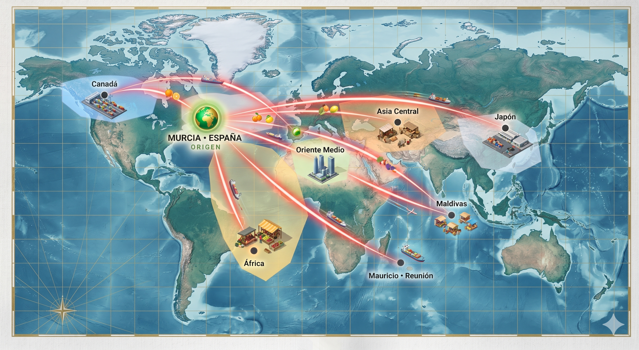 Mapa de rutas de exportación de frutas y verduras de Guiver Fruits desde España hacia África, Asia Central, Oriente Medio, Canadá e islas remotas