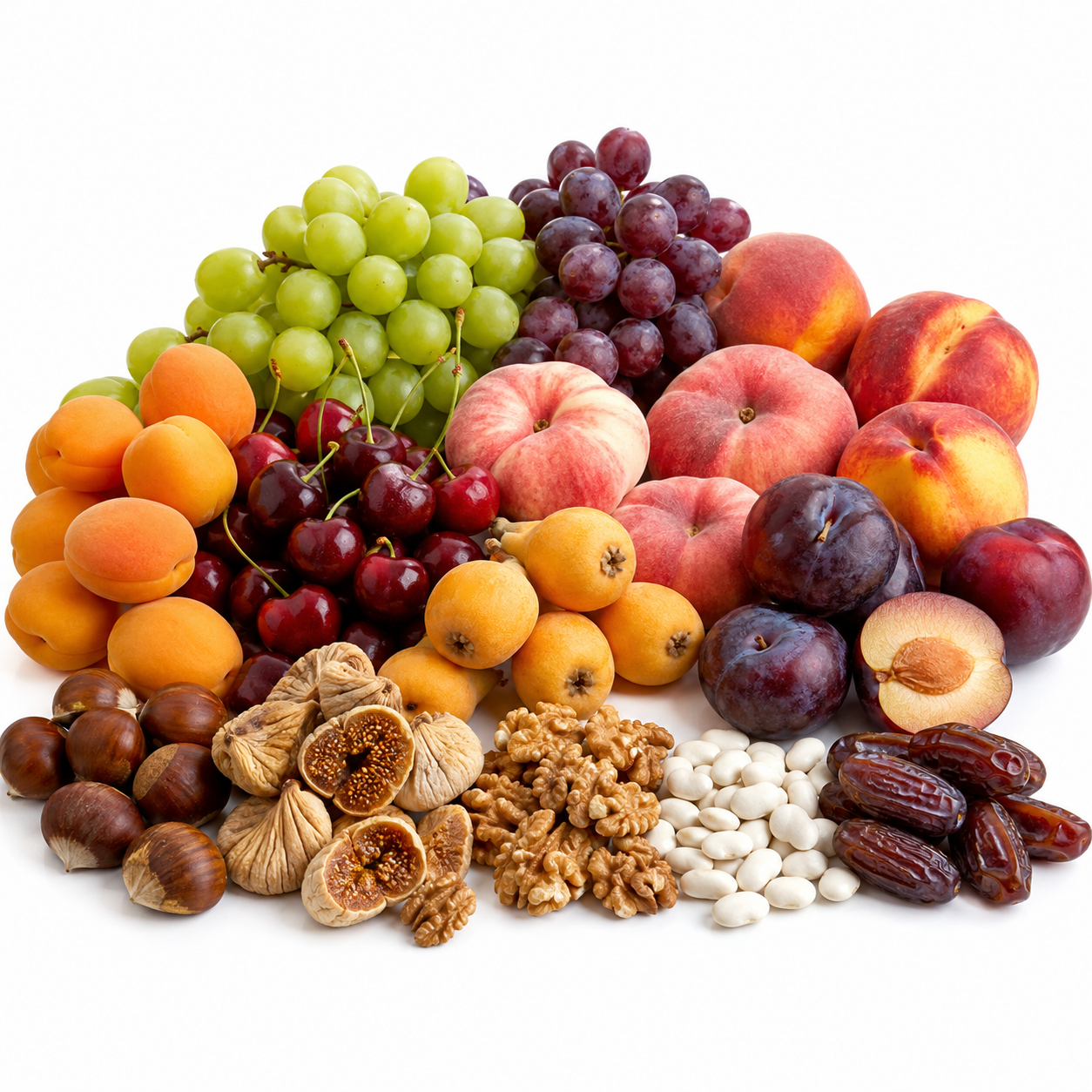 Uvas, frutas de hueso y frutos secos españoles: cerezas, nectarinas, melocotones, dátiles y nueces